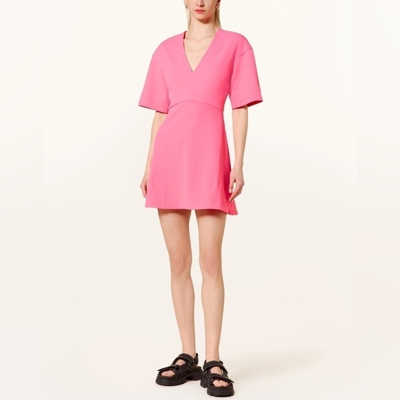 New Ganni Stretch Suiting V Neck Mini Dress Bright Bubblegum Pink Barbie Sz 36 - Picture 2 of 16